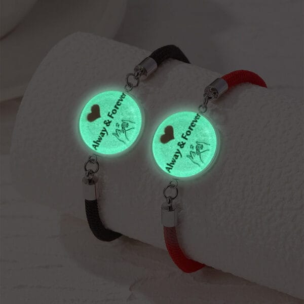 B03 Sun Moon Glow Couple Bracelet with night light feature, stainless steel Valentine's gift for lovers, adjustable love knot design, solar and lunar glow charms