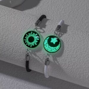 Glow in dark stainless steel couple bracelet with adjustable rope, perfect Valentine's Day gift for lovers - B06 Sun Moon Glow Bracelet