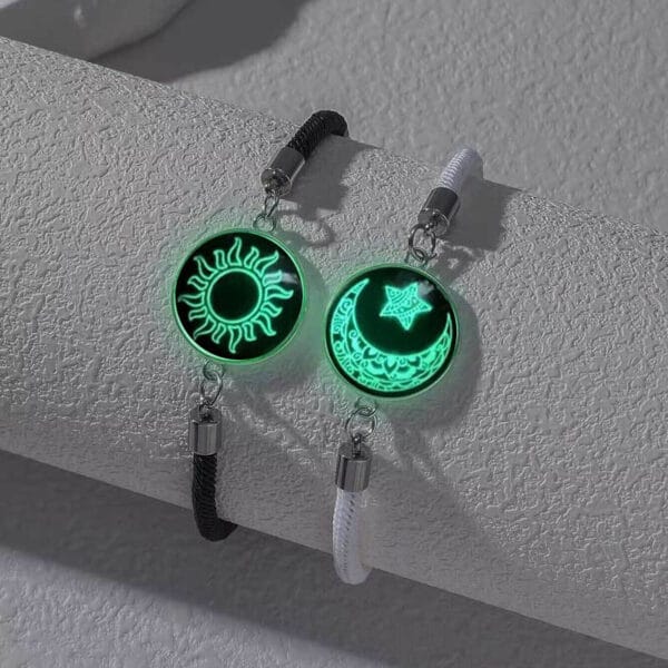 Glow in dark stainless steel couple bracelet with adjustable rope, perfect Valentine's Day gift for lovers - B06 Sun Moon Glow Bracelet