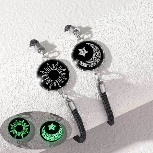 Night glow stainless steel couple bracelet with sun moon charm for iPhone 13/14/15 Pro case - Valentine's gift for lovers with adjustable rope design