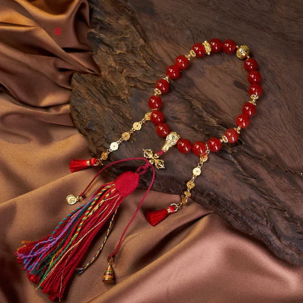【Sacred Vajra Energized Bracelet】Tibetan Mystical 18-Bead Red Agate Mala - Ancient Coin Amulet & Blood Silk Tassels for Spiritual H01