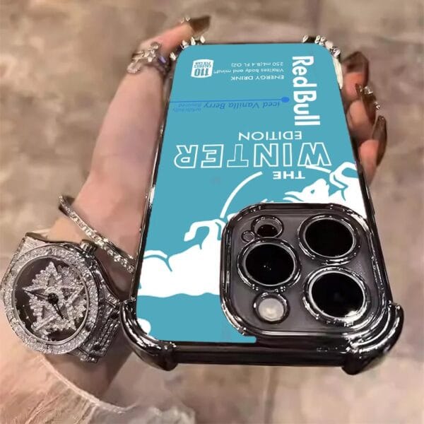 Durable shockproof iPhone 15 Pro Max case featuring bold Red Bull pattern & advanced air cushion protection technology
